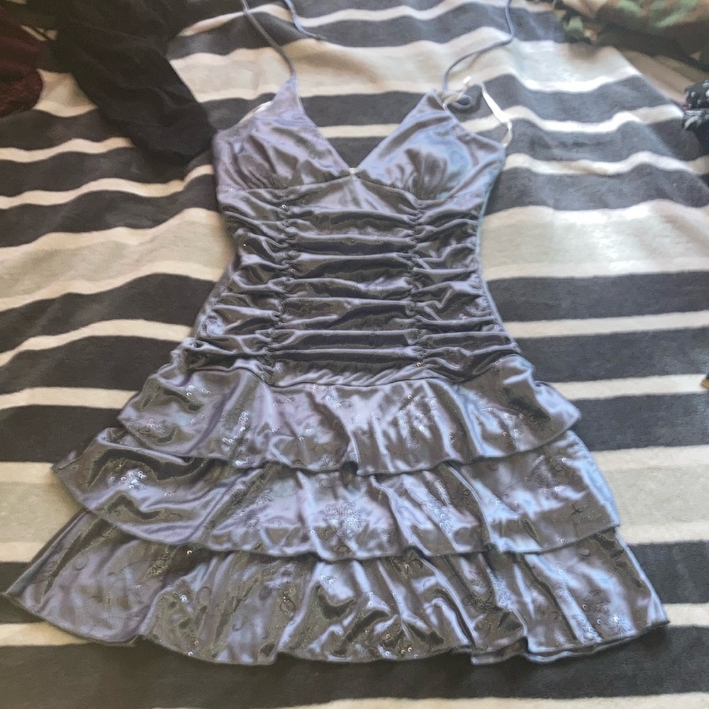 Taboo Silver Babydoll Mini Dress with Ruched Cap Sleeves